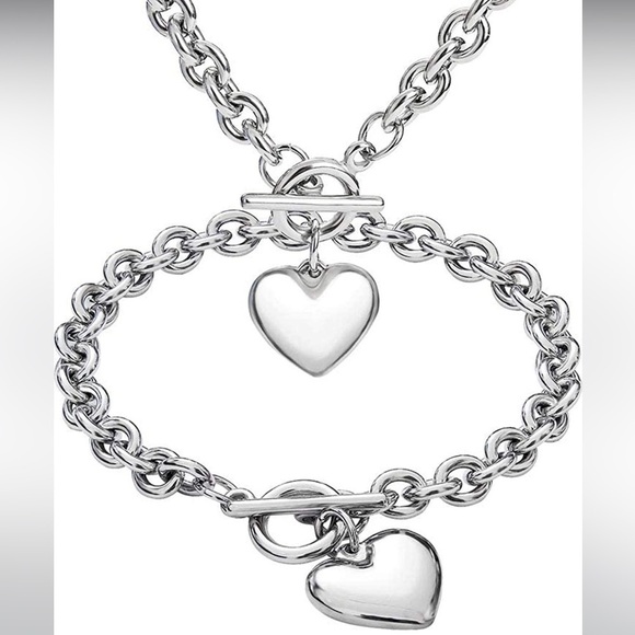 NWT Charm Chunky Stainless Steel Chain Heart Toggle Choker Bracelet Necklace Set - Picture 3 of 5